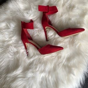 Red suede like ankle pumps